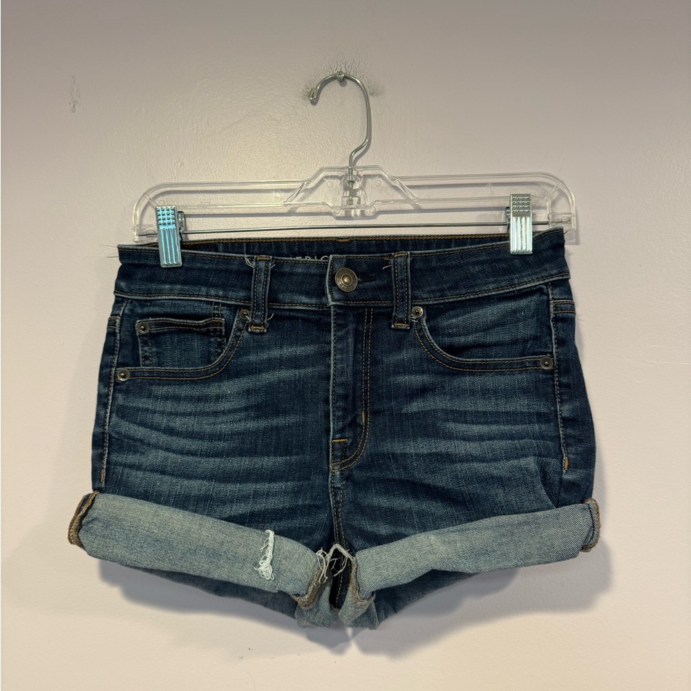 American Eagle Next Level Stretch Hi-Rise Shortie Denim Shorts Dark Wash Blue 2